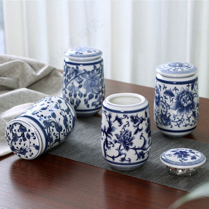 Chinese Palace blå og hvit porselen tebeholder Bærbar keramikk forseglede beholdere Reise tepose Oppbevaringsboks Kaffebeholder