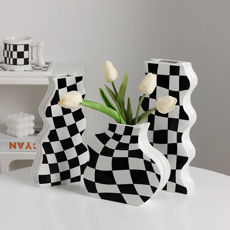 Siyah Beyaz Seramik Vazo Dekorasyon Dama Tahtası Yüksek Duygusal Çiçek Vazo Oturma Odası Çiçek Düzenlemesi Ev Dekorasyonu