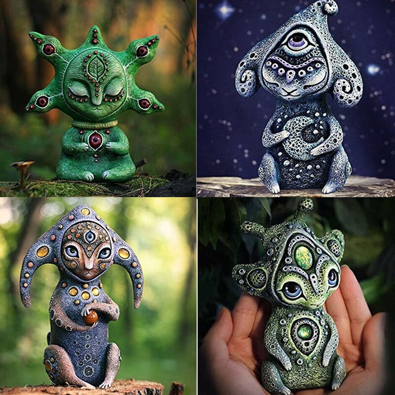 4 estilos nuevos adornos de resina de fantasía biológica escultura de jardín artefacto de tres ojos figuras alienígenas accesorios para decoración del hogar