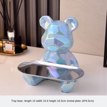 Geometryczny kształt ceramiczny posąg galwaniczny niedźwiedź z tacą na brzegu świnki, cukierkami, kosmetykiem, dekoracją półki.