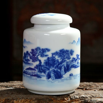 Cina Biru dan Putih Porselen Keramik Teh Caddy Tieguanyin Wadah Tertutup Kantong Teh Travel Kotak Penyimpanan Tabung Kopi