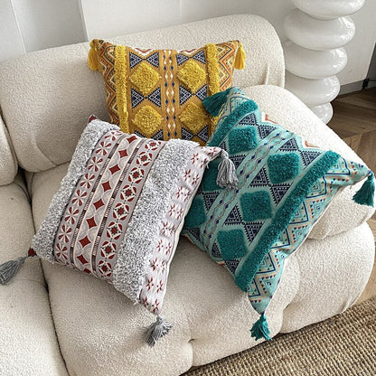 Nuovo coperchio di cuscino da stampa in lino trapuntato in stile etnico bohémien famoso cuscino decorativo alberghiero