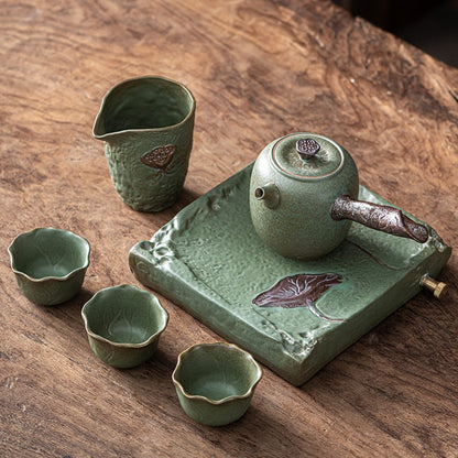 Juego de té japonés kung fu cáscara de té de cerámica tetera de cerámica áspera sencillo juego de té de viaje portátil