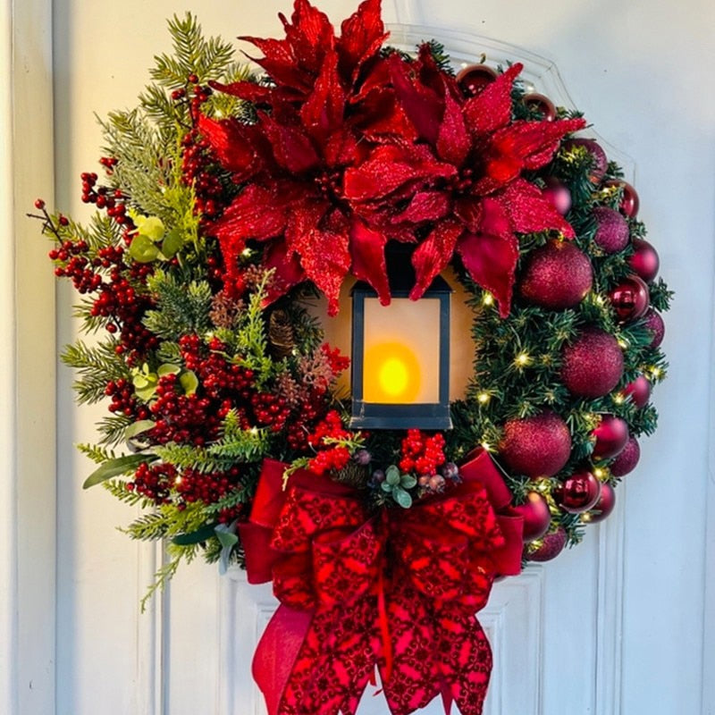 זר חג מולד אדום לדלת הכניסה דלת חלון זהב דלת קיר חג המולד 2023 קישוט גרלנד גוירנלדה נווידד