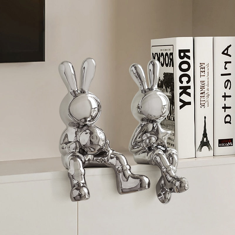 Elektroplaterende kaninsett med 2 stk skulptur for hjemmeinnredning Kontor Desk dekorasjon Stue dekor Animal Statue 2023 Rabbit