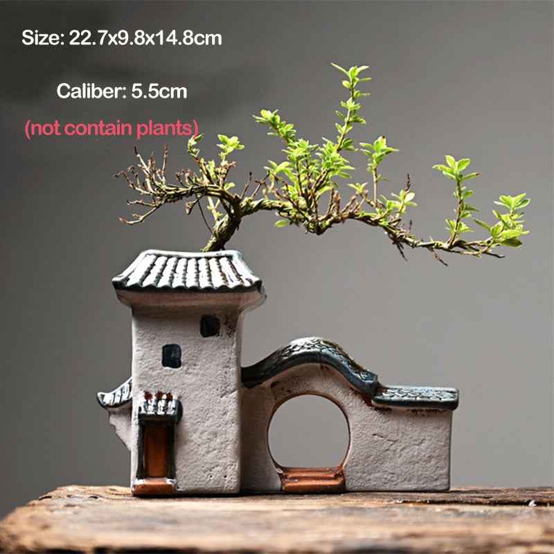 Casa antigua china edificio retro de cerámica decoración de la maceta jardín de bonsai figuras miniaturas adornos para el hogar barco gratis