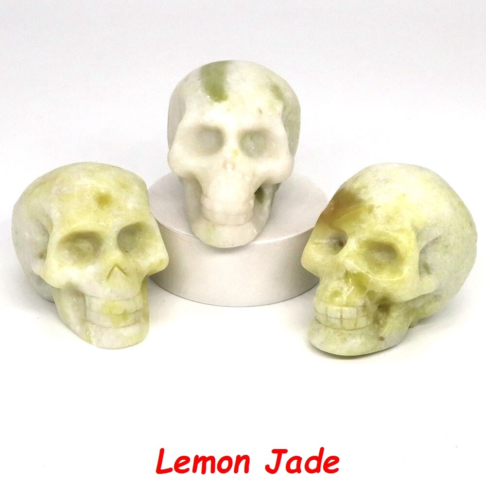 50mm 두개골 머리 동상 자연 석재 치유 크리스탈 레이키 조각 된 마법 보석 입상 입상 공예 홈 장식 할로윈 선물
