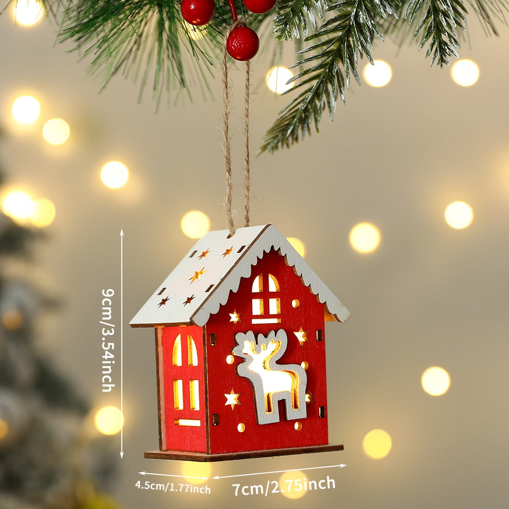 New Christmas Wooden House Pendant Snowman Elk Santa Claus Bear House Lighting Glowing Log Cabin Christmas Decoration Supplies
