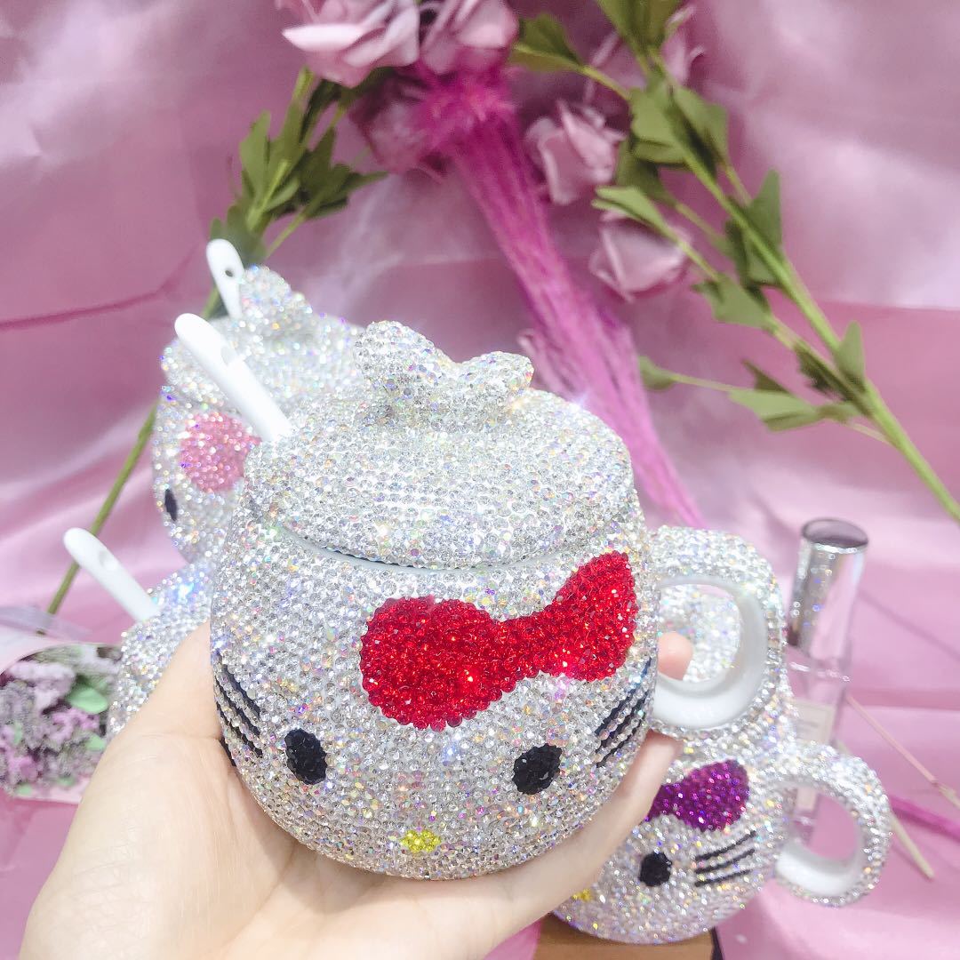 Kreativt krus søt kattestil diamant innlagt keramisk luksuriøs kaffekopp