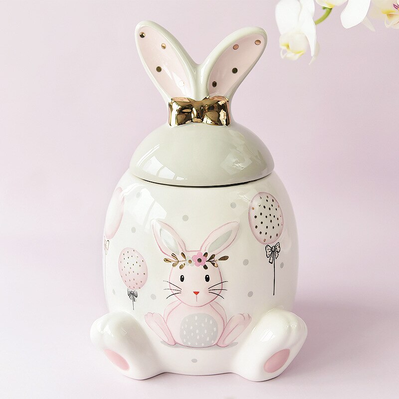 Grande Capacidade Rosa Golden Rabbit Series Ceramic Tea Caddy Tea Container de Cartoon Casa Caracters de cozinha de armazenamento de chá em relevo Conjunto