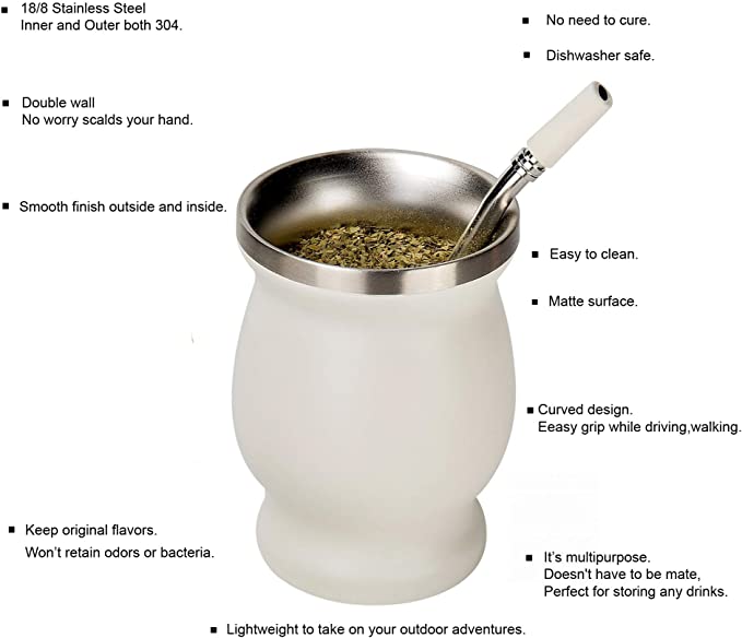 Yerba Mate Gourd Set Tasse à thé Mate et Bombilla à double paroi en acier inoxydable comprenant Yerba Mate Gourd (tasse) avec une Bombilla