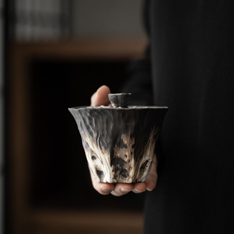 200ml Handmade Embossed Lotus Ceramic Tea TureeWabi Sabi Style Covered Bowl Coarse Pottery Tea Maker Gaiwan Kung Fu Tea Set Gift