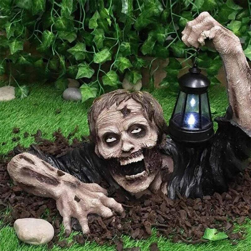 ליל כל הקדושים זומבי פנס יצירתי אימה חיצונית לקישוט גן חצר גן פסל זומבי עם קישוט דשא של סוללות פנס