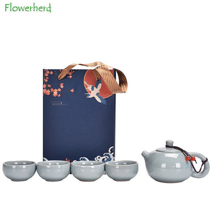 Ke Kiln Chinese Set da tè Tele Affermazione Kung Fu Travel Set da tè Box una teiera con quattro tazze Event Gifts Tea Pot e Cup Set