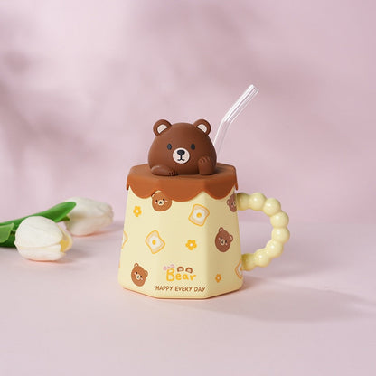Creca de xícara de cerâmica de desenho animado com cobertura e palha alta cor de cerâmica xícara de leite casal xícara de chá de café