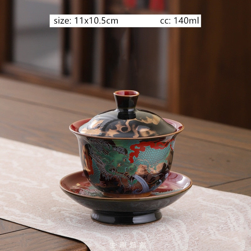 Enamel Warna Tiga Cai Gaiwan Bangkai Teh Keramik yang Luar Biasa dengan Teh Cangkir Teh Teh Hadiah Set Teh Berkualitas Tinggi