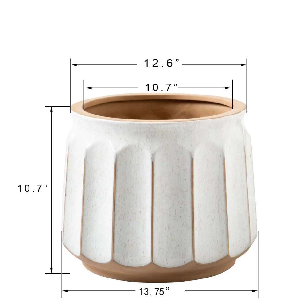 14" x 14" x 11" Round White and Brown Ceramic Striped Seasons Gloworm Plant Planter with Drainage Hole