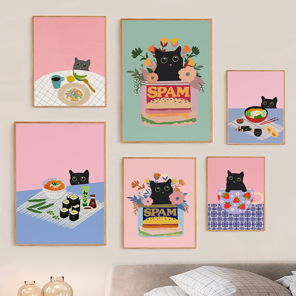 Affiche Kimchee de rue alimentaire coréenne imprimée, chat noir moderne, pique-nique cuisine, peinture sur toile murale, décor de maison, pâques, chambre d'enfant 