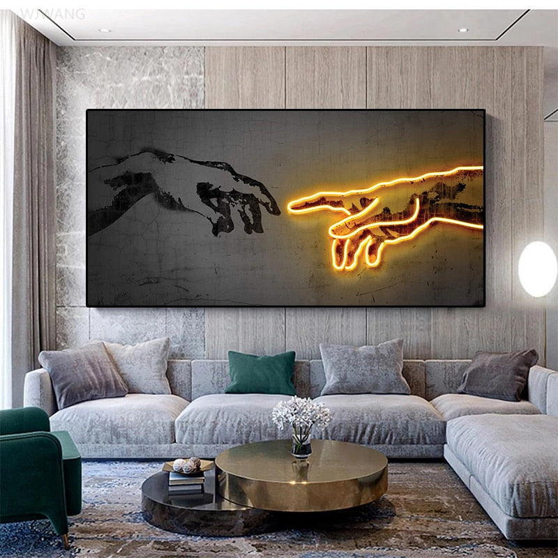 Neon Light Art Canvas Print Hand of God Artwork Abstract Posters and Prints Canvas Wall Art Pictures for Living Room Home Decor