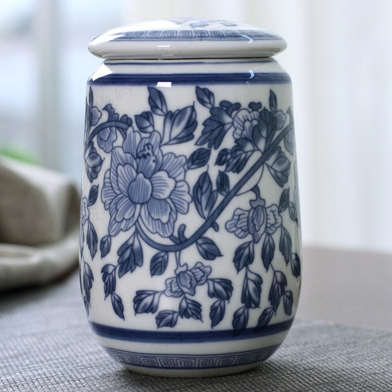 Chinese Palace Porcellana blu e bianca Caddy da tè Contenitori sigillati in ceramica portatili Scatola da viaggio per bustine di tè Scatola metallica per caffè