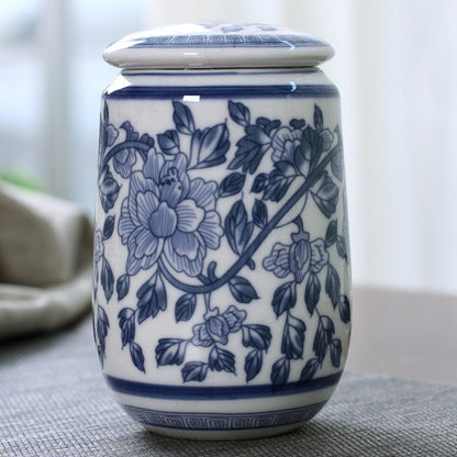 Chinese Palace blå og hvid porcelæn te Caddy bærbar keramik forseglede beholdere Rejse tepose opbevaringsboks kaffebeholder
