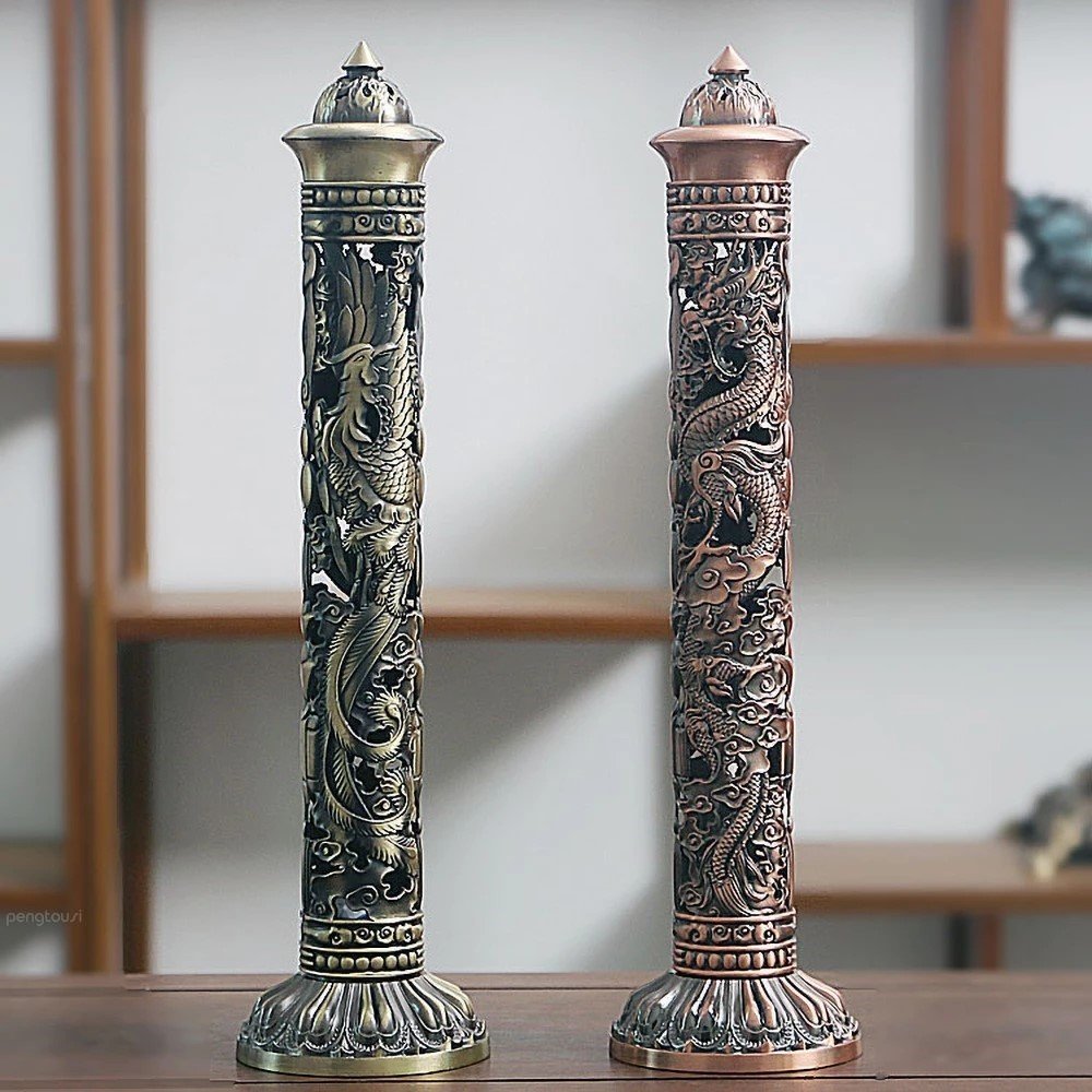 Røkelse Burner Retro Vertical Relief Craft Hollow Carving Dragon Phoenix Pillar Spice Incense Holder Office Hjem tilbehør