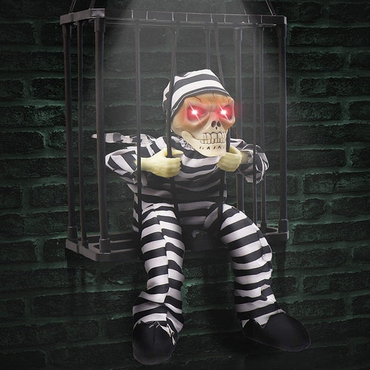Huutavat animoituja Halloween -koristeet Halloween Decull Cage -vanki ahdisti talon sisustusta, haamu syttyvät silmät