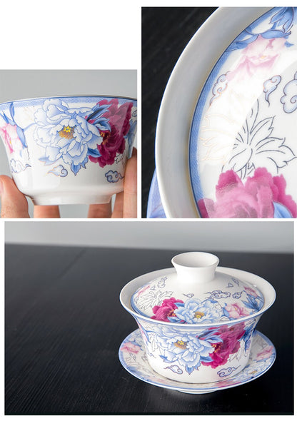 350ml Velká kapacita keramika na gaiwan čajový šálek Čínské čajové šálky polévky s víkem mísa Lotus Ruční kreslení porcelán gaiwan pro cestování