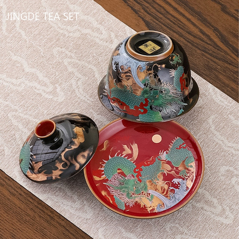 Emalje farve tre cai gaiwan udsøgt keramisk te skål med låg te cup kinesisk tesæt gaver gaver af te -infuser af høj kvalitet