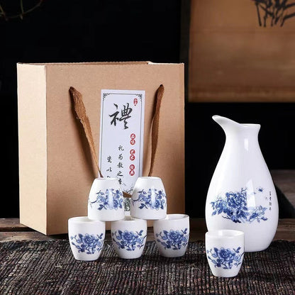 7pcs/set seramik Sake Pot Cups Set Jepun Vintage Flagon Hip Flasks Bamboo Liquor Cup Home Kitchen Drinkware Gifts Barware 250ml