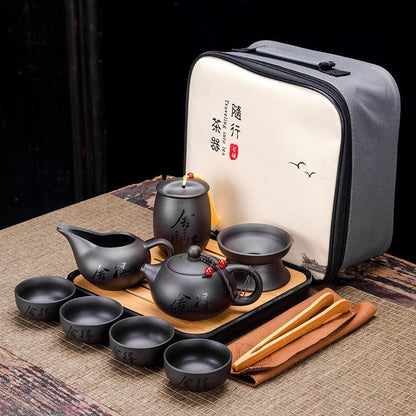 9 Pcs Set Teawere Retro Designer Cool Purple Sand Ceramic Teapot Set Travel Kong Fu Tea Kit Porcelain Purple Sand Pot Infuser