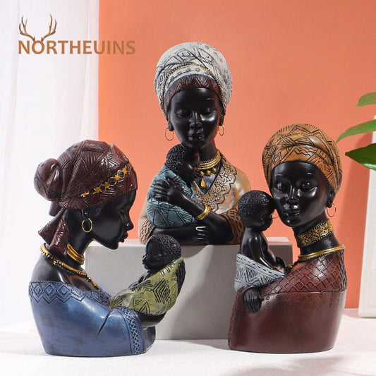 NORTHEUINS Resin Afrika Eksotis Hitam Ibu dan Anak Patung Retro Patung untuk Interior Hadiah Hari Ibu Dekorasi Rumah