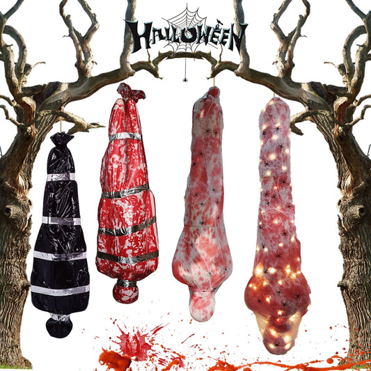 59-Zoll-Halloween-Leichen-Requisiten-Set für den Außenbereich, gruselige Leichentuch-Dekoration, Horror, blutiger Leichensack, Spukhaus-Hängedekoration 