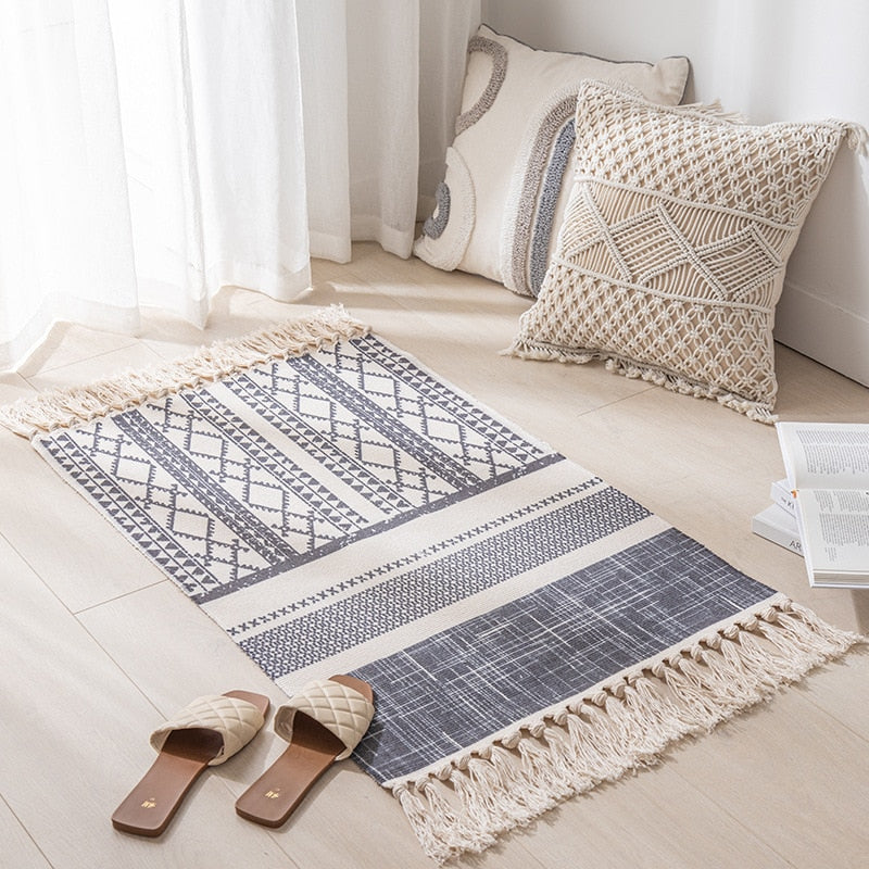 Puuvilla liinavaatteet kudottu vintage tupsujen matto boho -huone Decors Esteettinen Bedrooom -sängyn matto olohuone Yksinkertainen homestay -lattiamatto