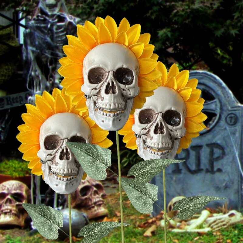 Skull Sunflower Halloween Decoración de miedo y jardín de terror Adorno de flores artificiales para el patio de la casa Deco al aire libre Calavera