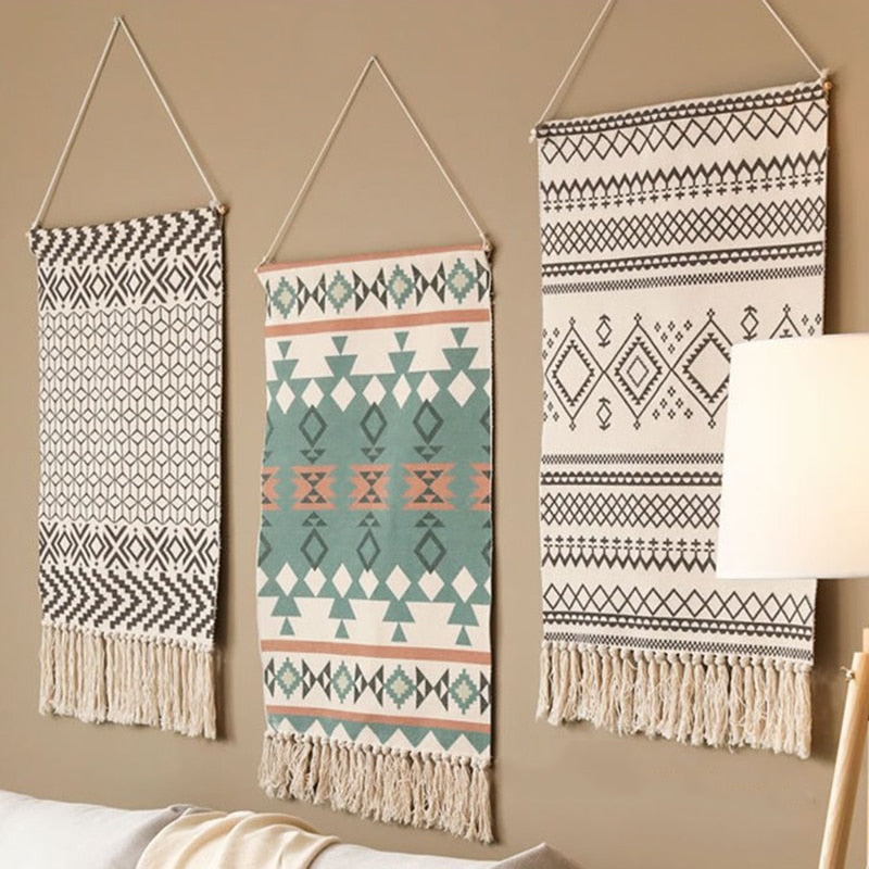 Bohemian Tapestry Macrame Wall Hangings Home Decor Cotton Linen Tassel Handmade Woven Geometric Canvas Art Bakgrund Tapisserier