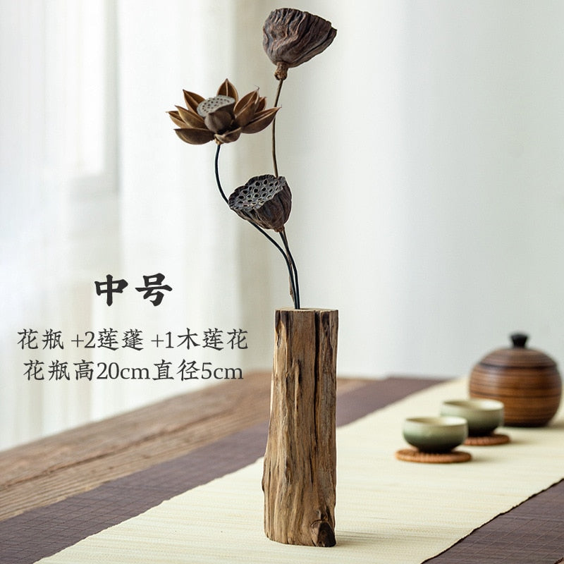 Китайская ретро -гостиная украшения с твердым деревом сушеные цветочные ваза дома украшение чайное столик цветочный композиция маленькая цветочная посуда