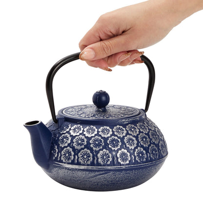 Blue Cast Iron Chinese Teapot with Infuser for Loose Leaf Tea, Includes Handle and Removable Lid, 34oz