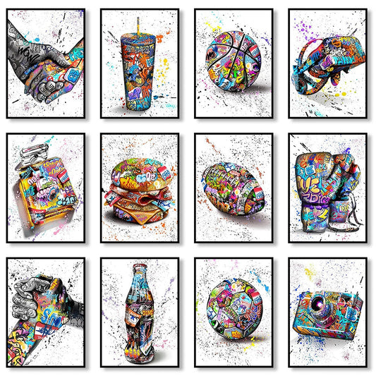 ストリートグラフィティキャンバスアートプリント香水ボトルバスケットボールサッカーデコレーションペインティングリビングルームアートポスターホームウォール装飾