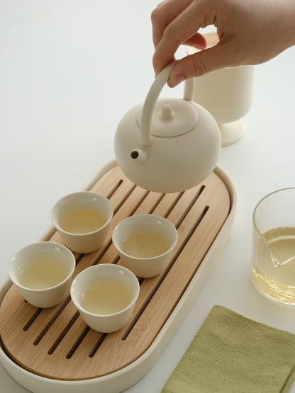 Kungfu Tea Set dengan Loop Handle Infuser, Warm Matte Cream Glaze, dengan baki sajian bambu, hadiah ulang tahun/pesta