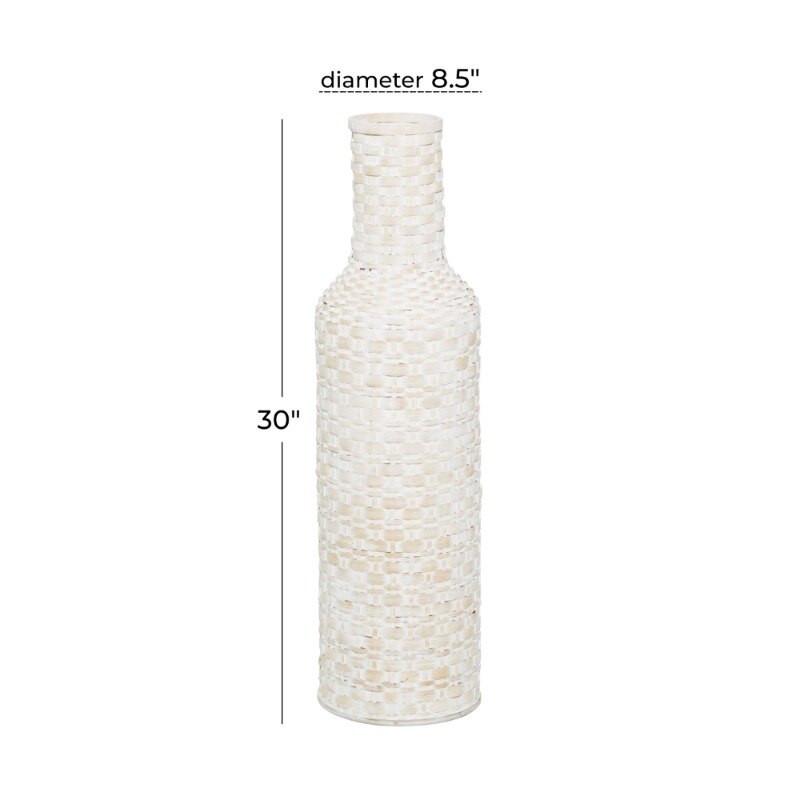 Vaso de metal boêmio branco kazhan com padrão de tecelagem angustiado, 9 "x 9" x 30 "vaso de decoração de sala de padrões