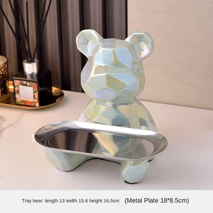 Geometryczny kształt ceramiczny posąg galwaniczny niedźwiedź z tacą na brzegu świnki, cukierkami, kosmetykiem, dekoracją półki.