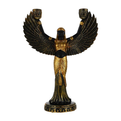 Egyptiläinen haltija patsasjumalatar Isis hahmoveistos kynttilänjalkapidit hartsi sisustus metalli kodin siivekäs teema pylväs muinainen