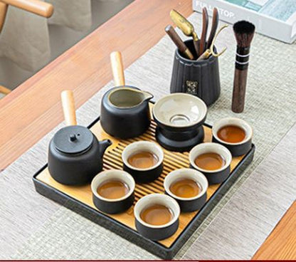 טקס תה חרס שחור סט קרמיקה קונג פו קומקום סט שירות שרת תה בסגנון זן עם קאדי תה, סט מתנה