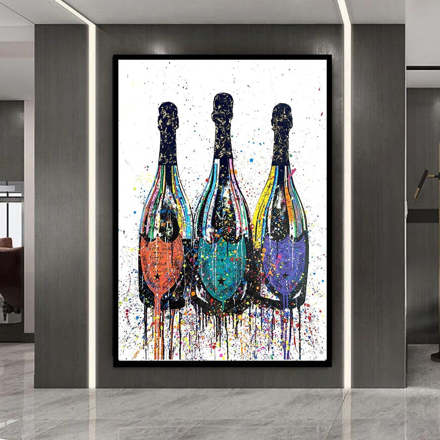 Farverig popkunst lærred maleri champagne flaske plakat og tryk moderne abstrakt vægkunst billede til stue boligindretning