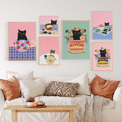 Affiche Kimchee de rue alimentaire coréenne imprimée, chat noir moderne, pique-nique cuisine, peinture sur toile murale, décor de maison, pâques, chambre d'enfant 