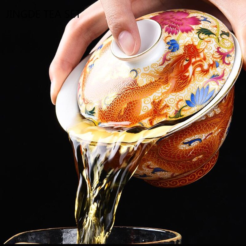 Palais émail motif Dragon en céramique Gaiwan chinois tasse à thé faite à la main bol à thé de voyage accessoires de service à thé à la maison verres 170ml