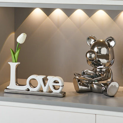 러브 곰 꽃 장식품 세라믹 조각 및 인테리어 고급 홈 장식 거실 사무실 장식 동상을위한 인형