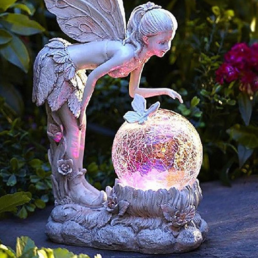 زخرفة زهرة الجنية، حديقة كريستال الكرة الشمسية ضوء الليل، تمثال فتاة الملاك، الراتنج الحرفية اكسسوارات الديكور المنزل في الهواء الطلق