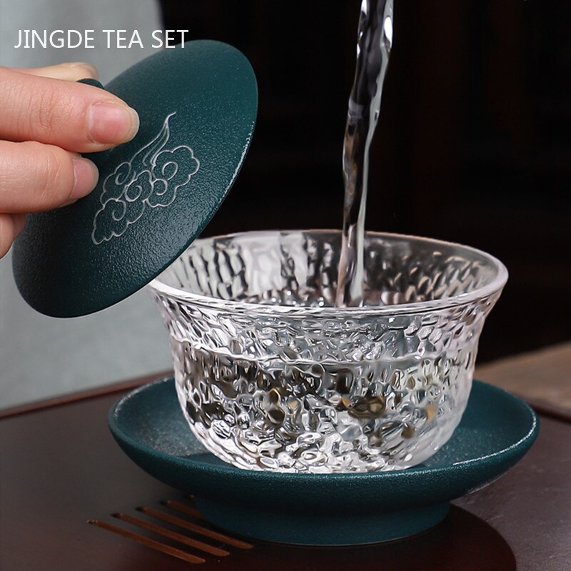 Japansk stil varmebestandig glas gaiwan keramik med dækning teacup te maker husholdning gennemsigtig te skål boutique te sæt
